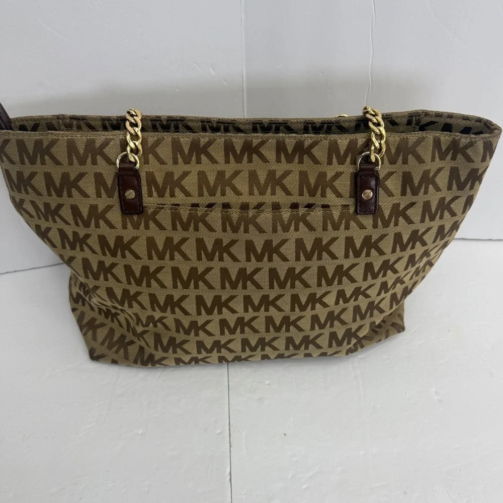 Michael Kors Tote Bag Women Large Brown MK Signature Monogram Canvas Tassel